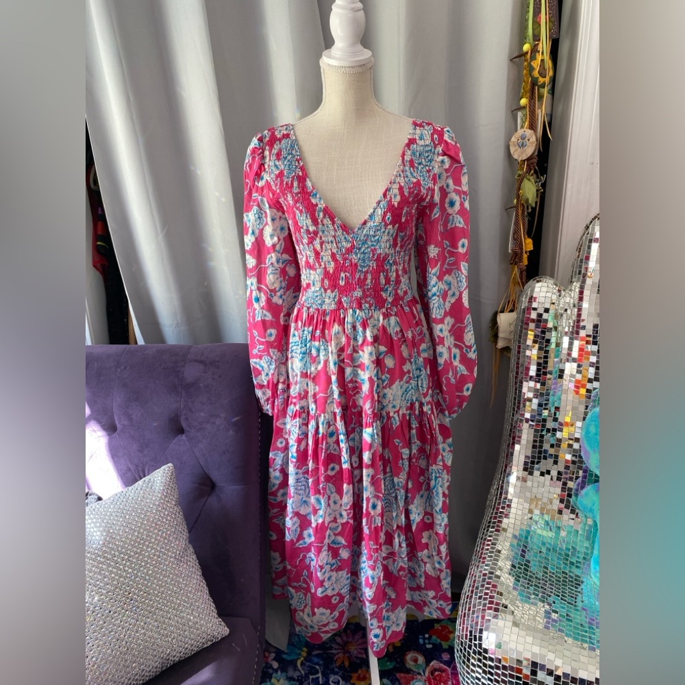 BAACAL PLUS SIZE 18-20 MIDI DRESS PINK BLUE WHITE FLORAL TIERED